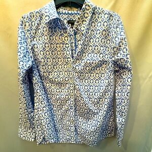 Talbots Womens Size Small Blue & White Geometric Button Up Shirt Blouse
